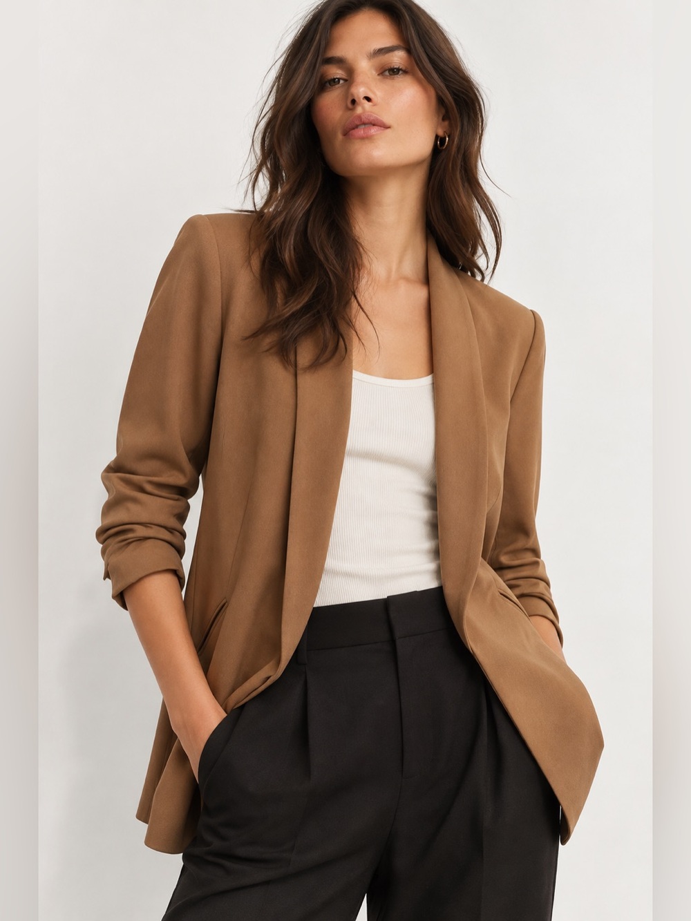 Aritzia Babaton Power Hip Blazer Camel Brown Ruched Sleeve Size 00